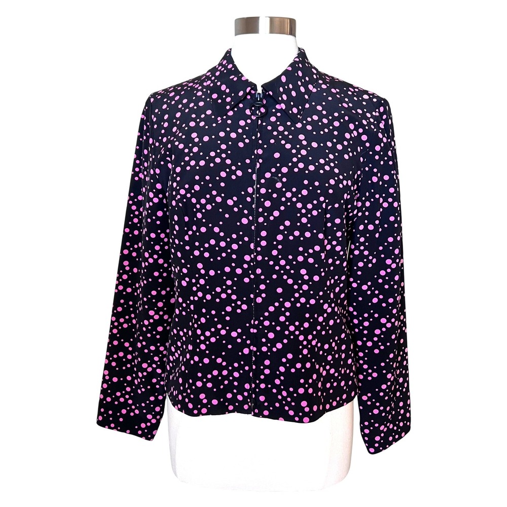 Maggy London Black‎ Pink Polka Dot 100% Silk Zip Up Collar Jacket Womens Size 8